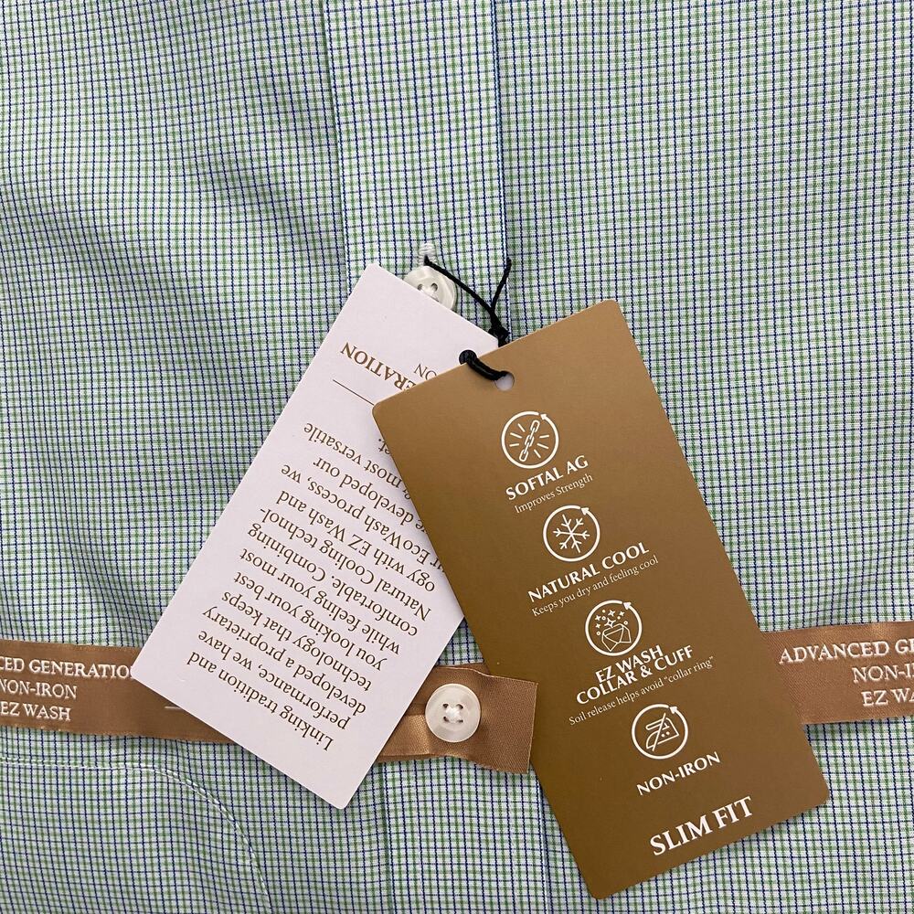 Roundtree & Yorke Shirt Men's 14.5 32 Slim Fit Cotton Poplin Green Check NWT - Picture 5 of 9